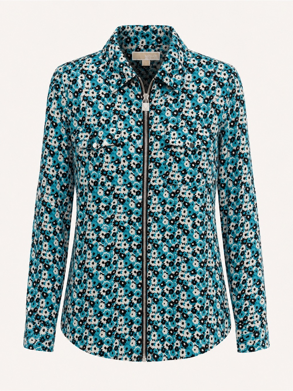 Michael Michael Kors Blue Floral Zip-Front Roll-Tab Sleeve Shirt Size L